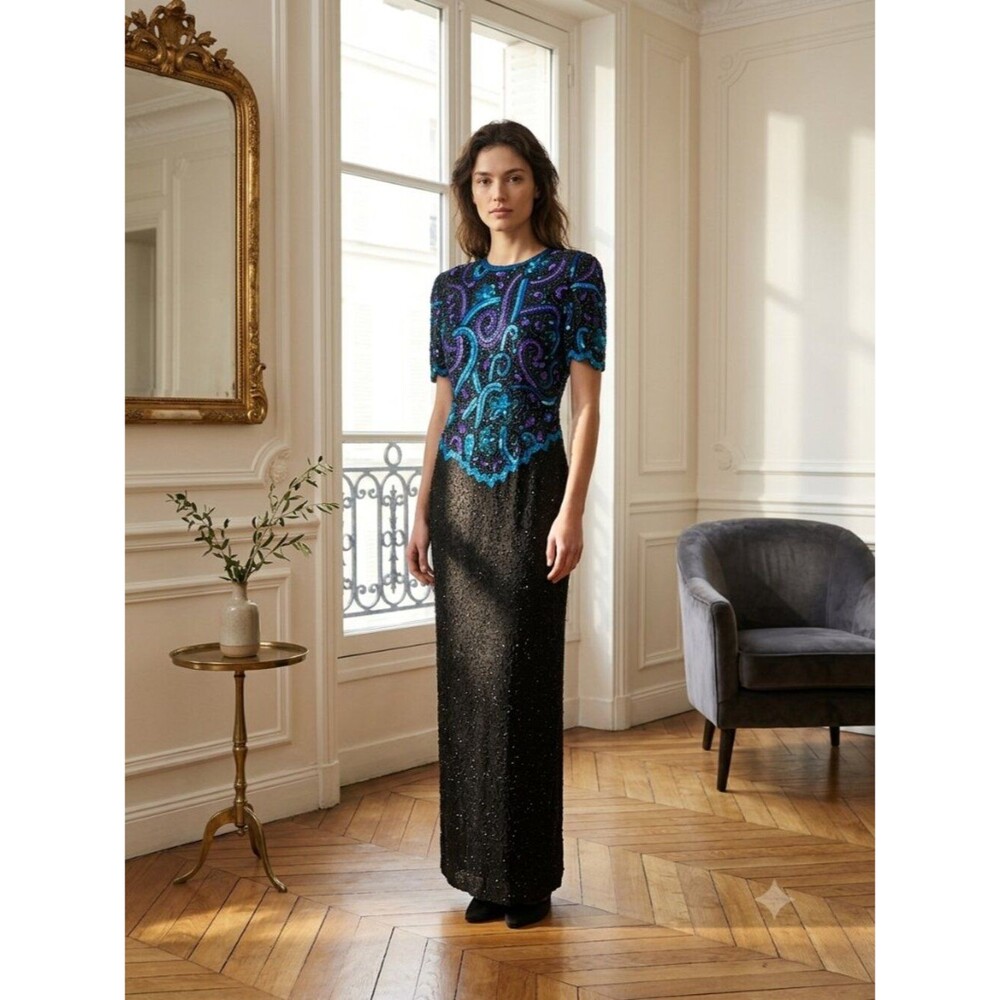 Laurence Kazar Black Beaded Evening Gown with Turquoise Purple Sequin Bodice XL